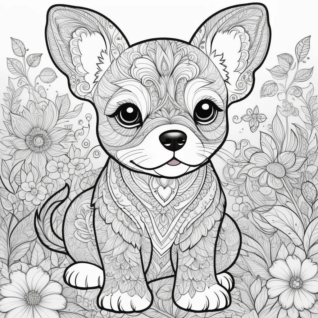 Puppy coloring page with flowers and butterflies