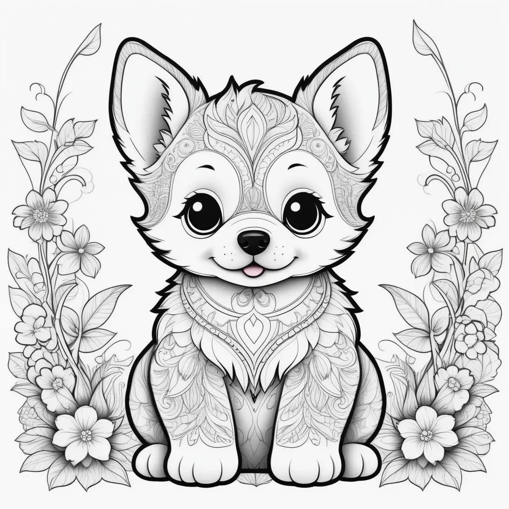 Puppy coloring pages for adults with floral designs