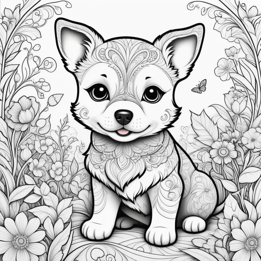 Puppy coloring pages with floral background and butterfly