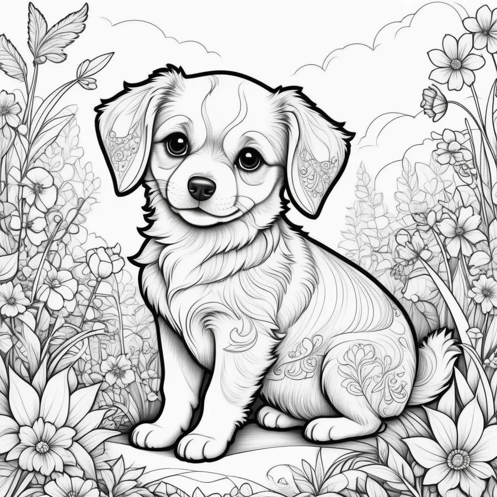 Puppy coloring pages with flowers and butterflies