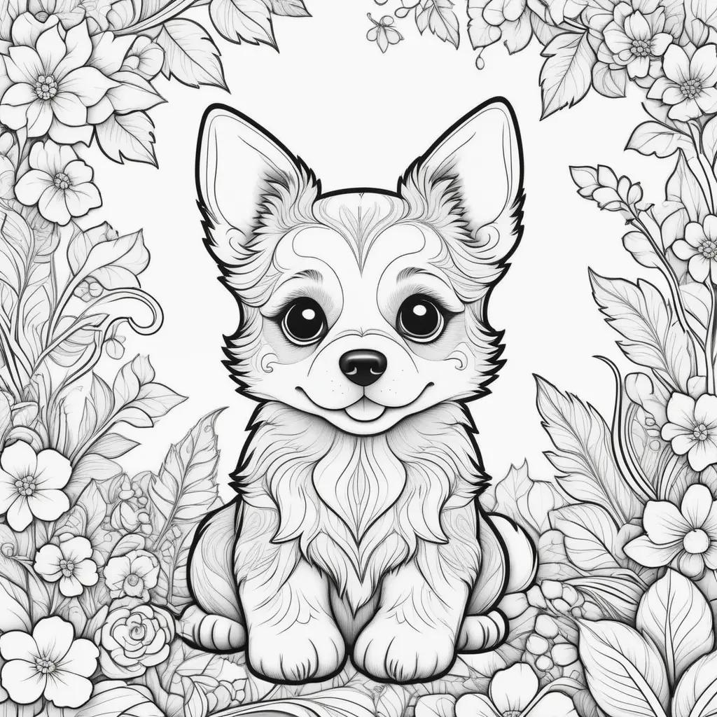 Puppy coloring pages with flowers and leaves