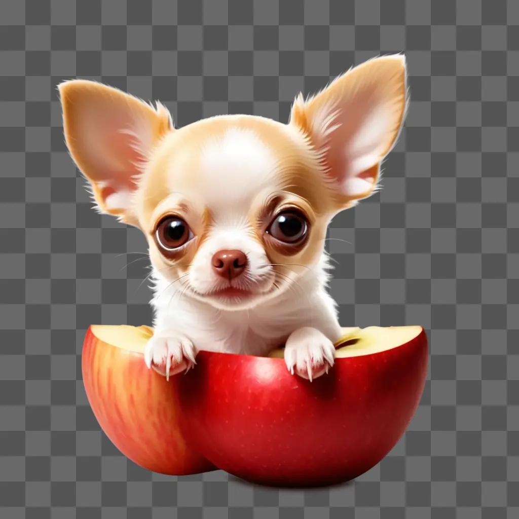 Puppy in an apple head sitting on an apple