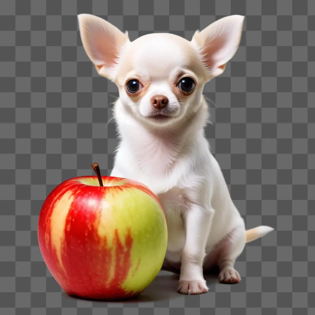 Puppy sits with red apple head