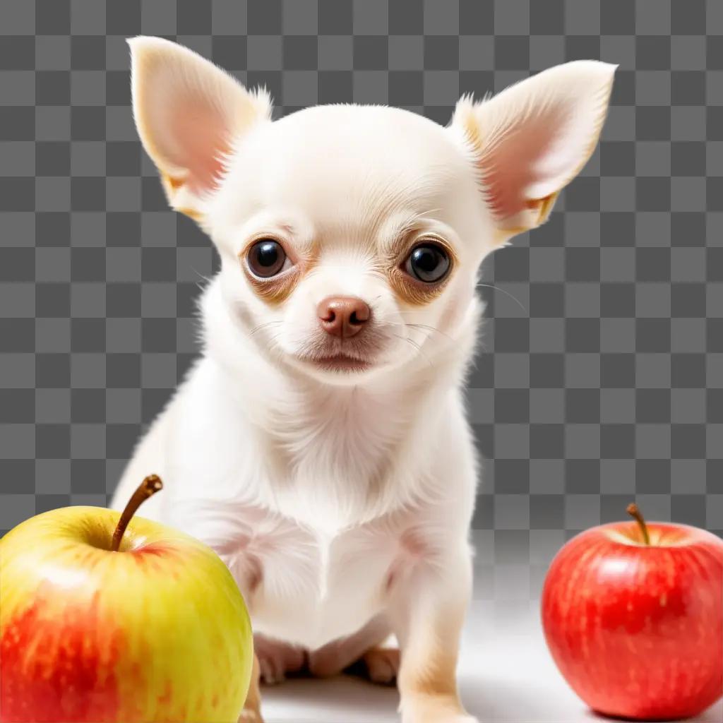 Puppy with apple head next to red apple