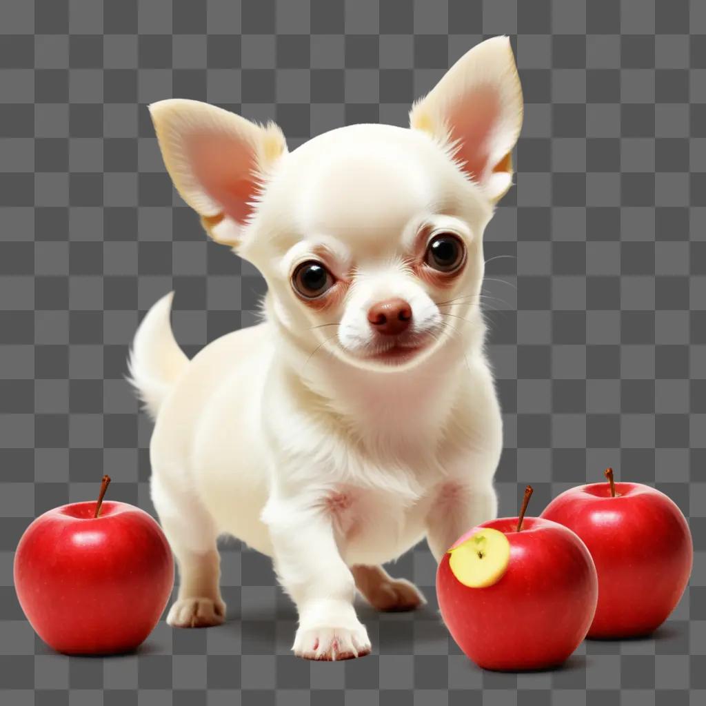 Puppy with apple head stands in front of three apples