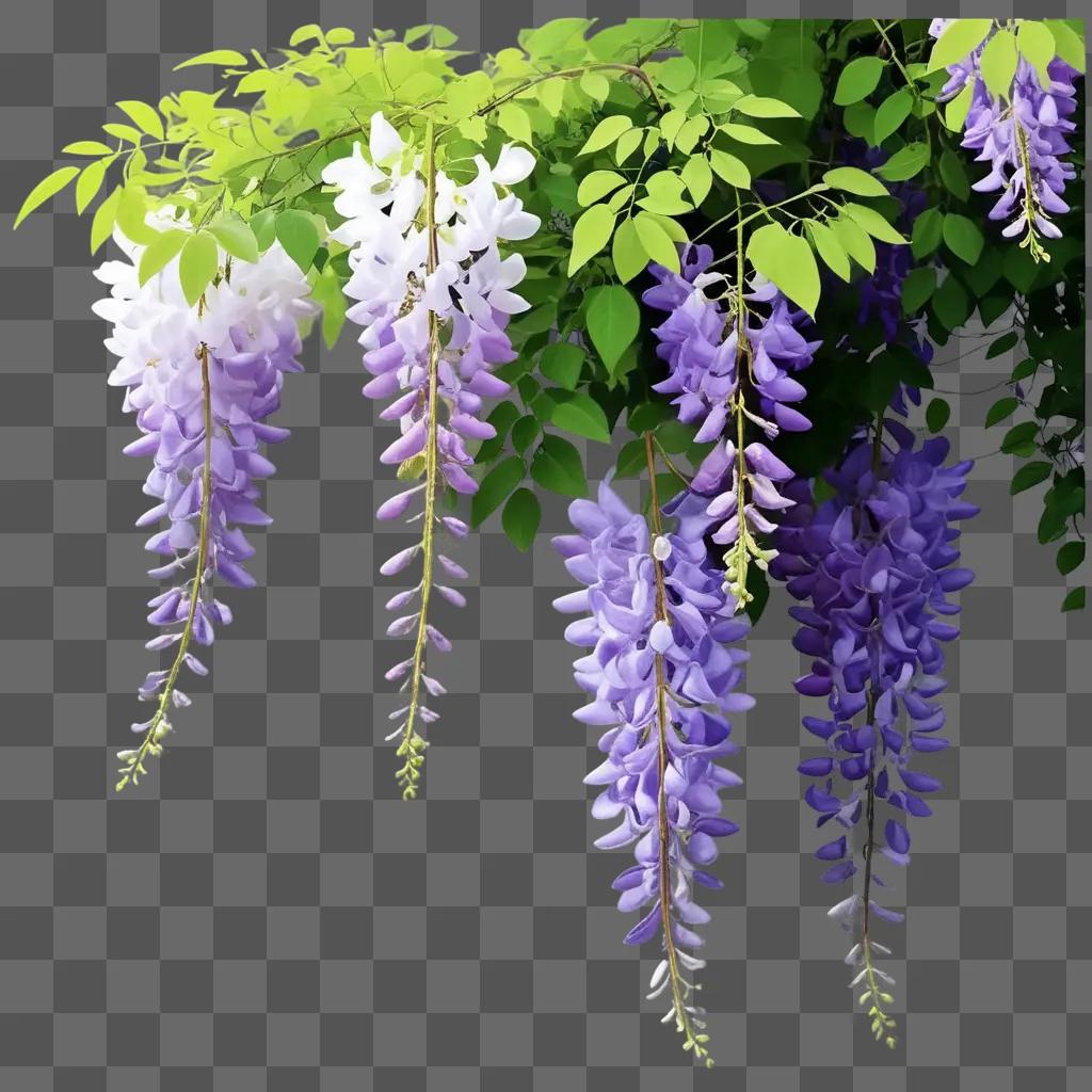 Purple and white wisteria flowers blooming on a branch