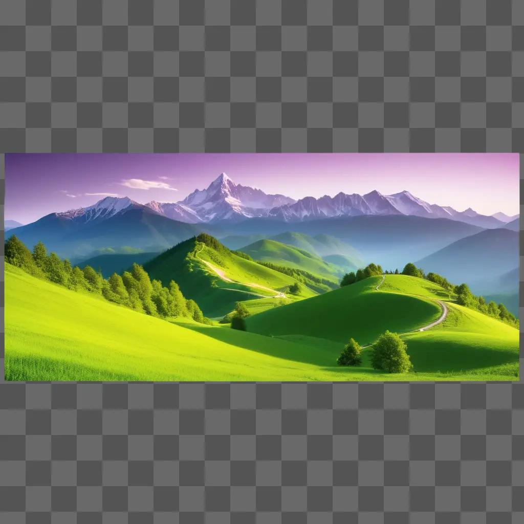 Purple background painting of a mountain landscape