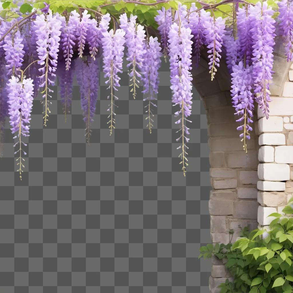 Purple wisteria vine climbing over a wall