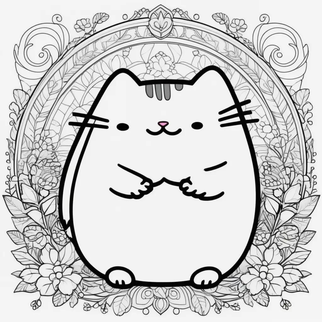 Pusheen cat coloring pages with flowers and leaves