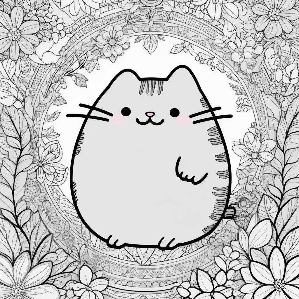 Pusheen cat coloring pages with flowers and leaves