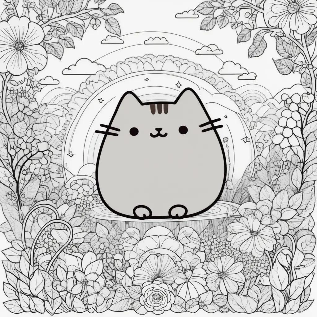 Pusheen coloring page featuring a black and white cat with a smiling face