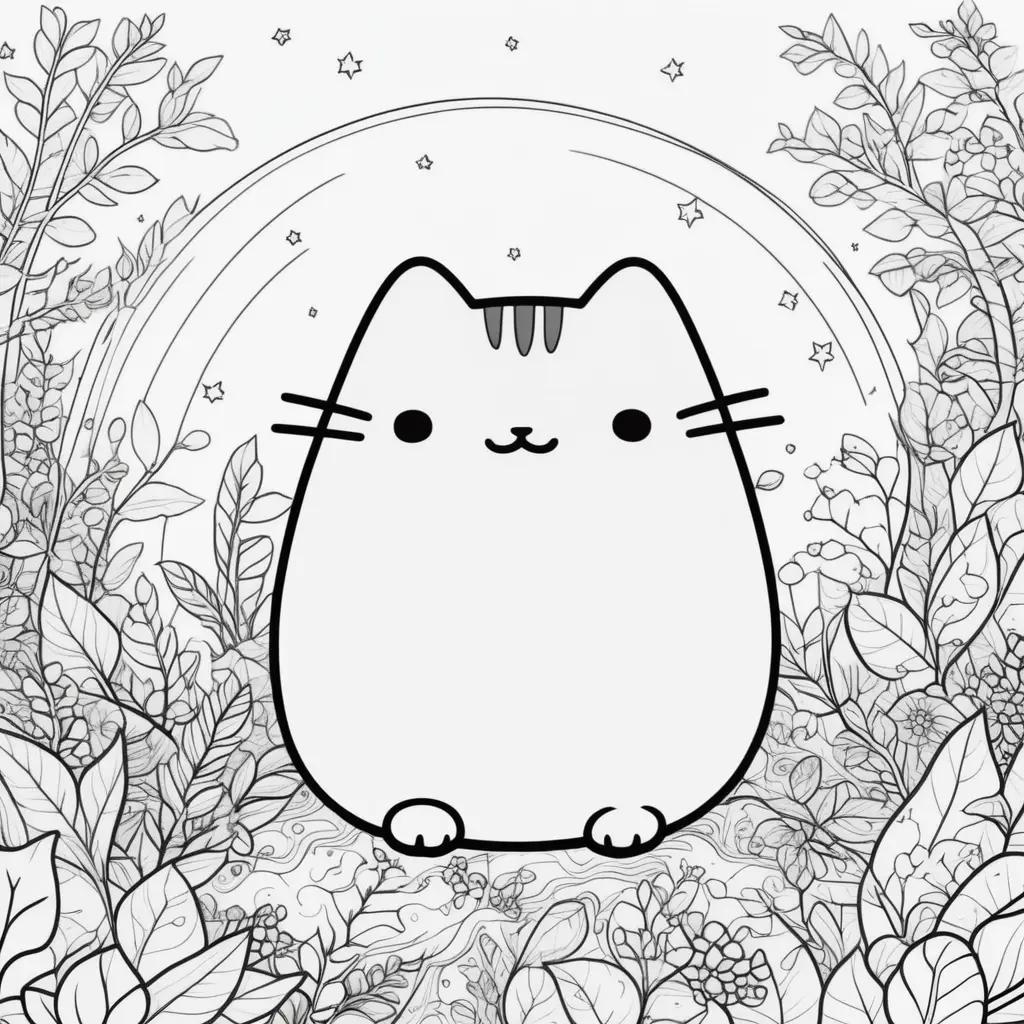 Pusheen coloring page with a cat and stars