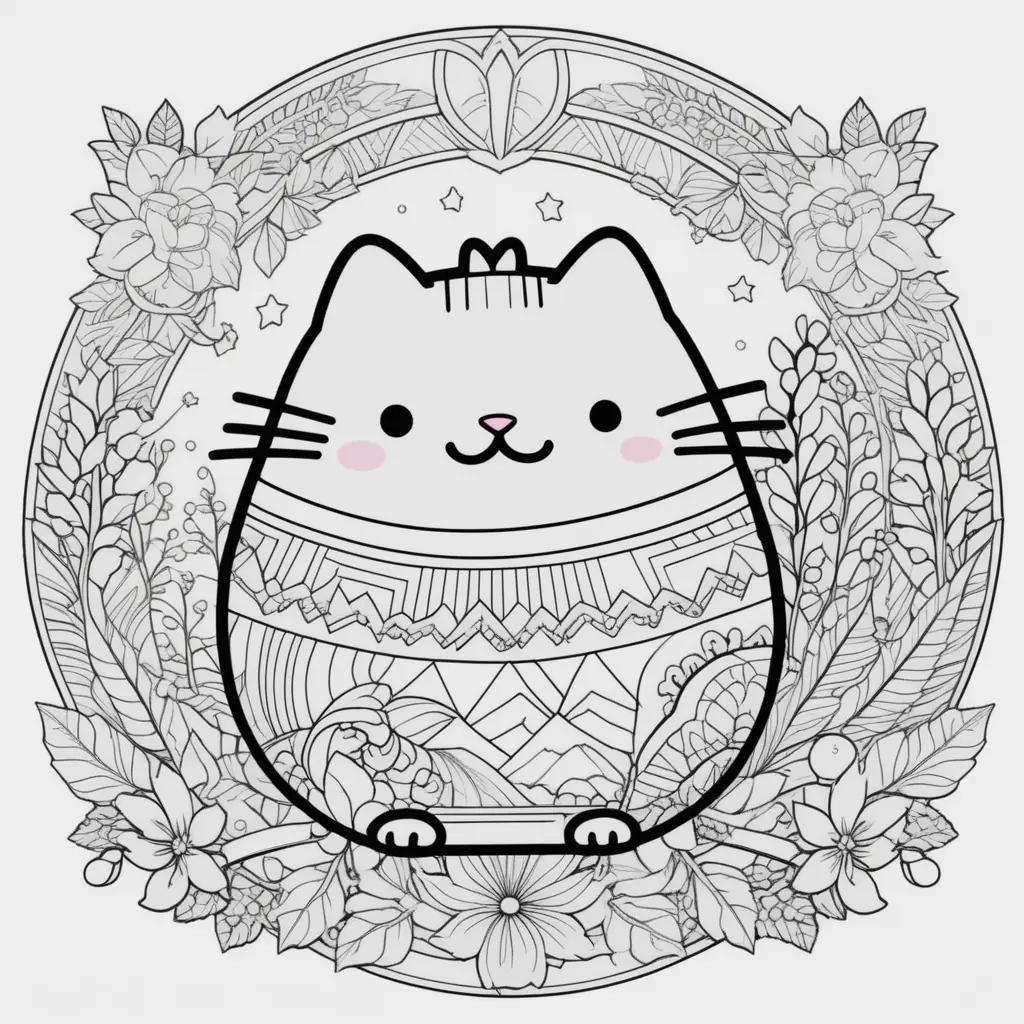 Pusheen coloring pages featuring a cute cat in a wreath