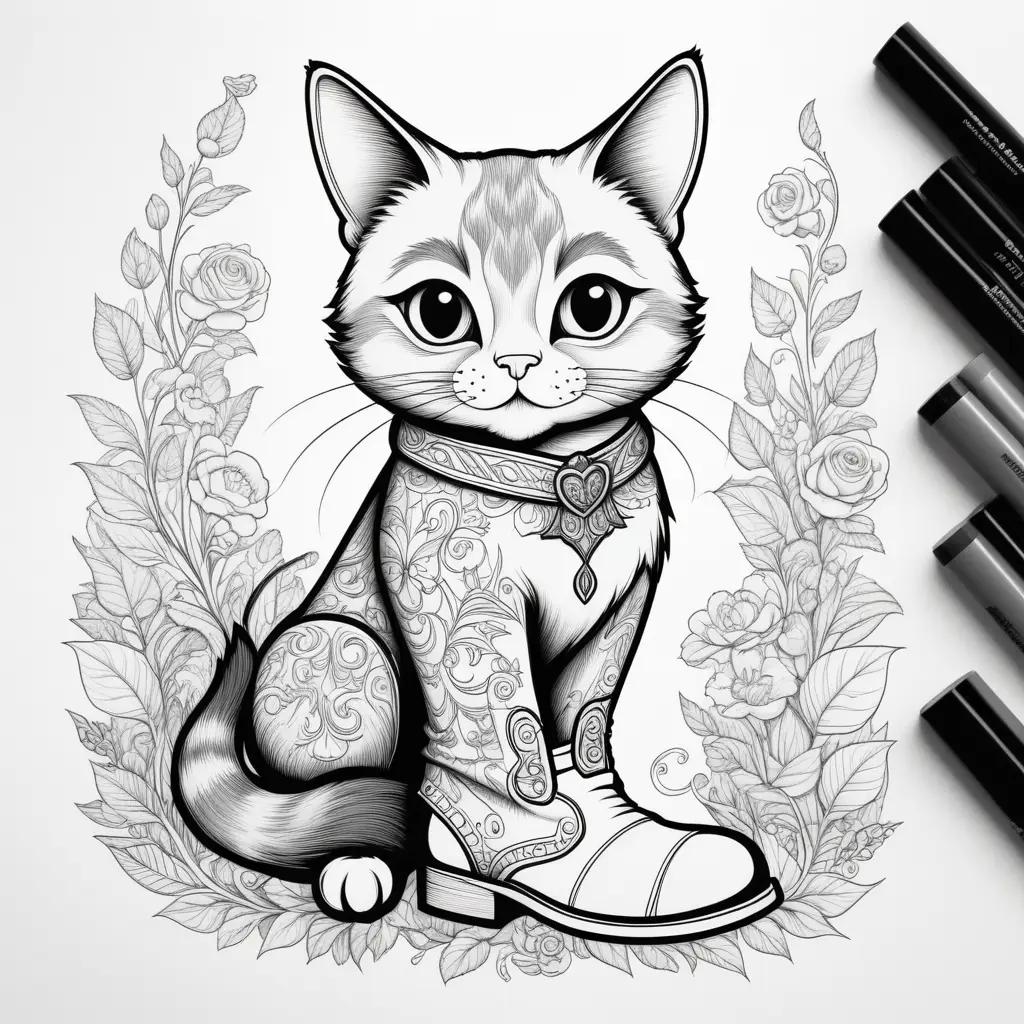 Puss in boots coloring page with roses and black ink