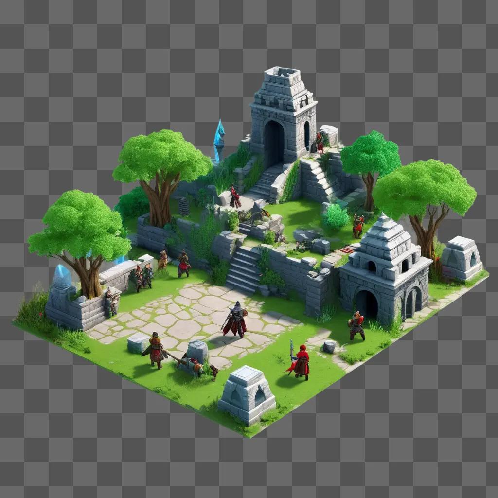 RPG world with a castle, trees, and stone buildings