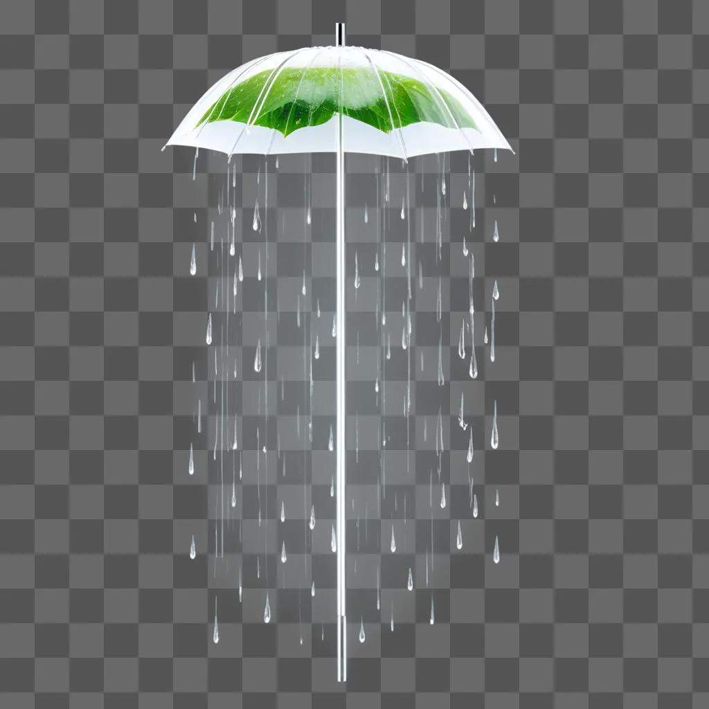 Rain on a transparent umbrella with green leaves