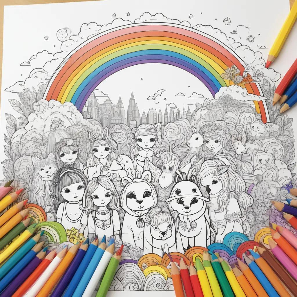 Dibujo de Rainbow Friends para colorear con una variedad de animales y un arco iris