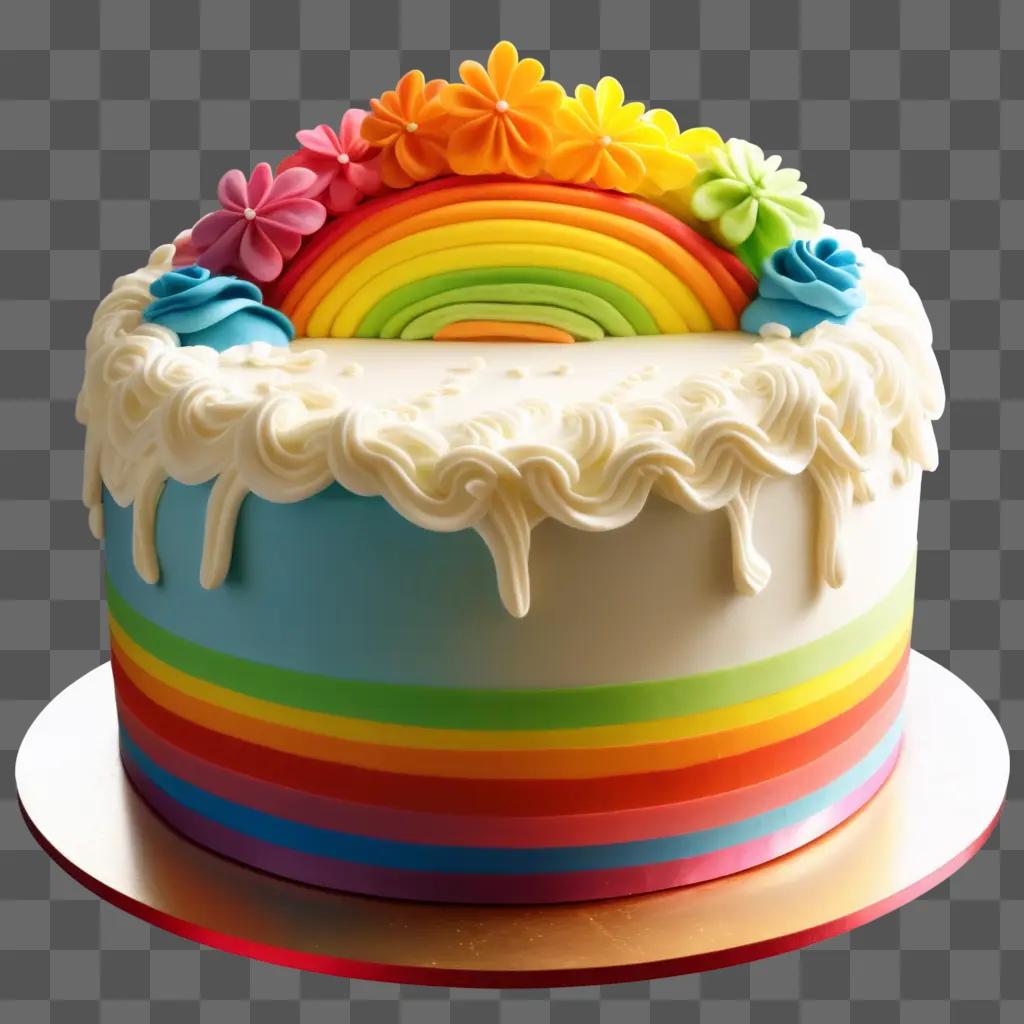 Rainbow colored cake with flowers on top