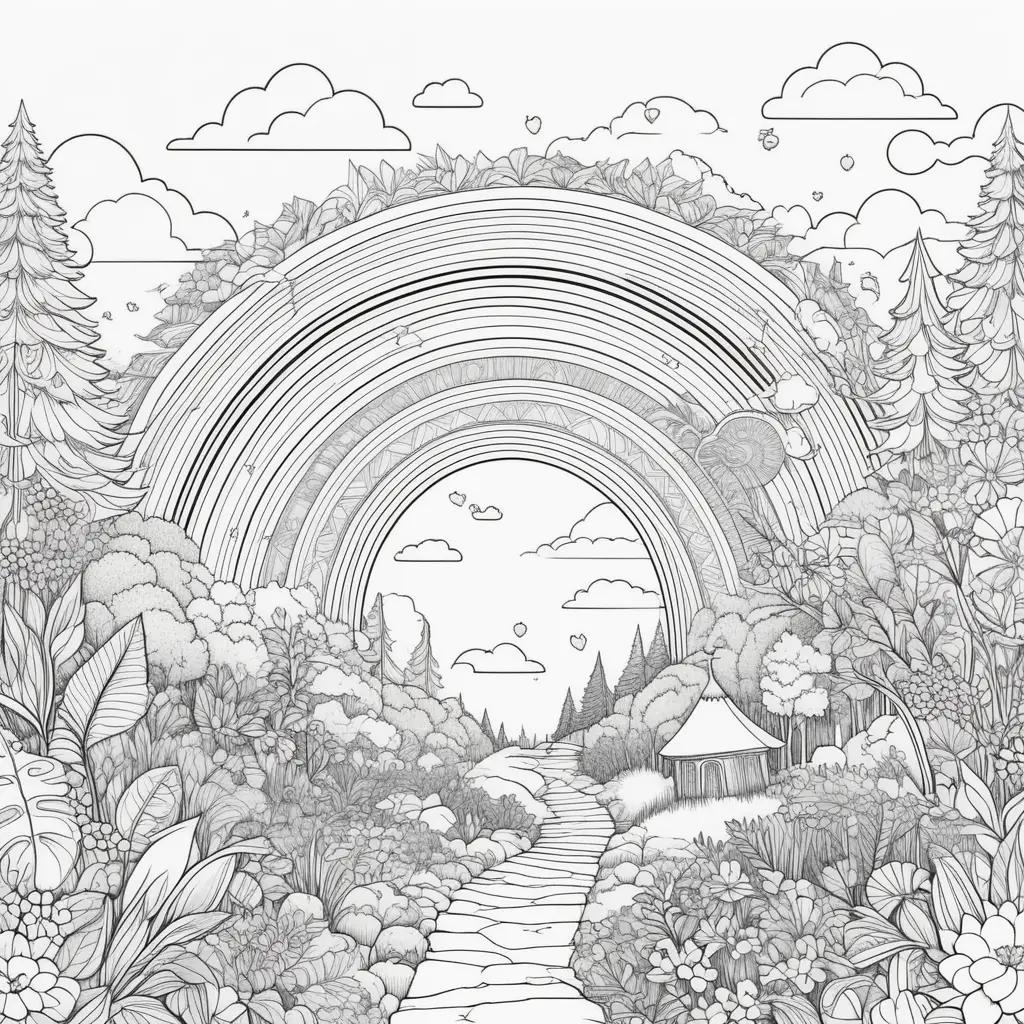 Rainbow coloring page with a lush forest and trees