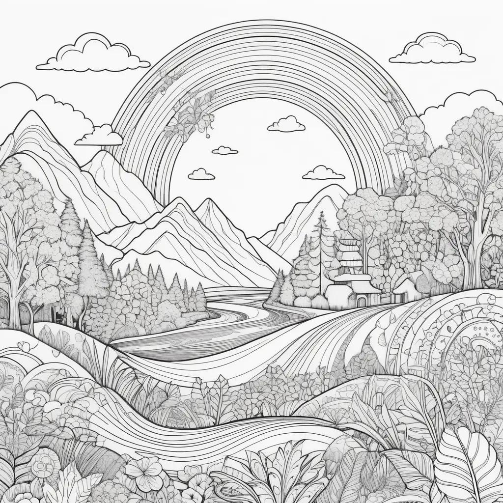 Rainbow-filled coloring page with mountains and trees