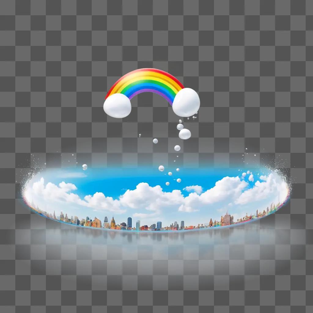 Rainbow floats above a city, gum bubble in the sky