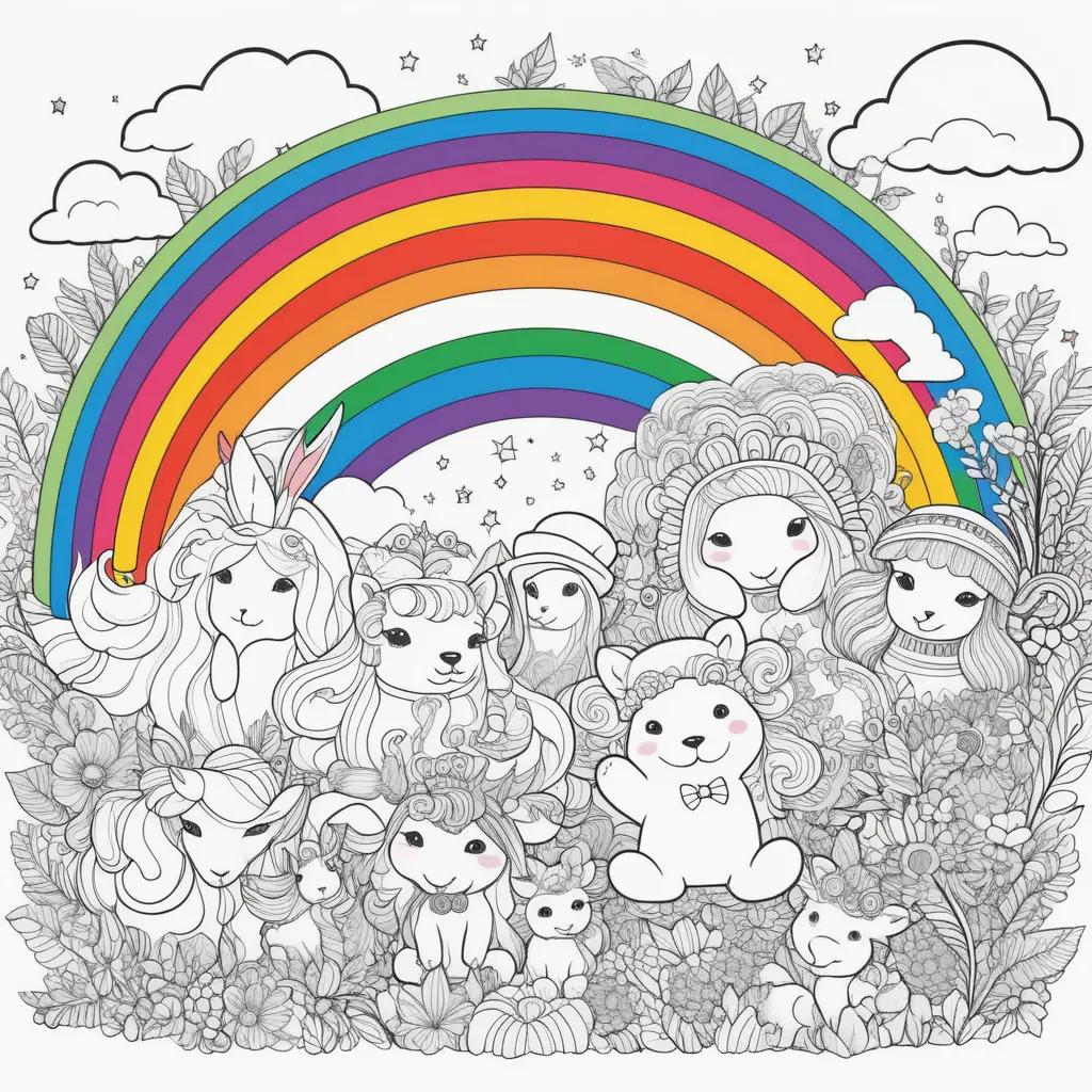 Dibujo para colorear de amigos del arco iris, una colección de personajes coloridos con un arco iris detrás de ellos