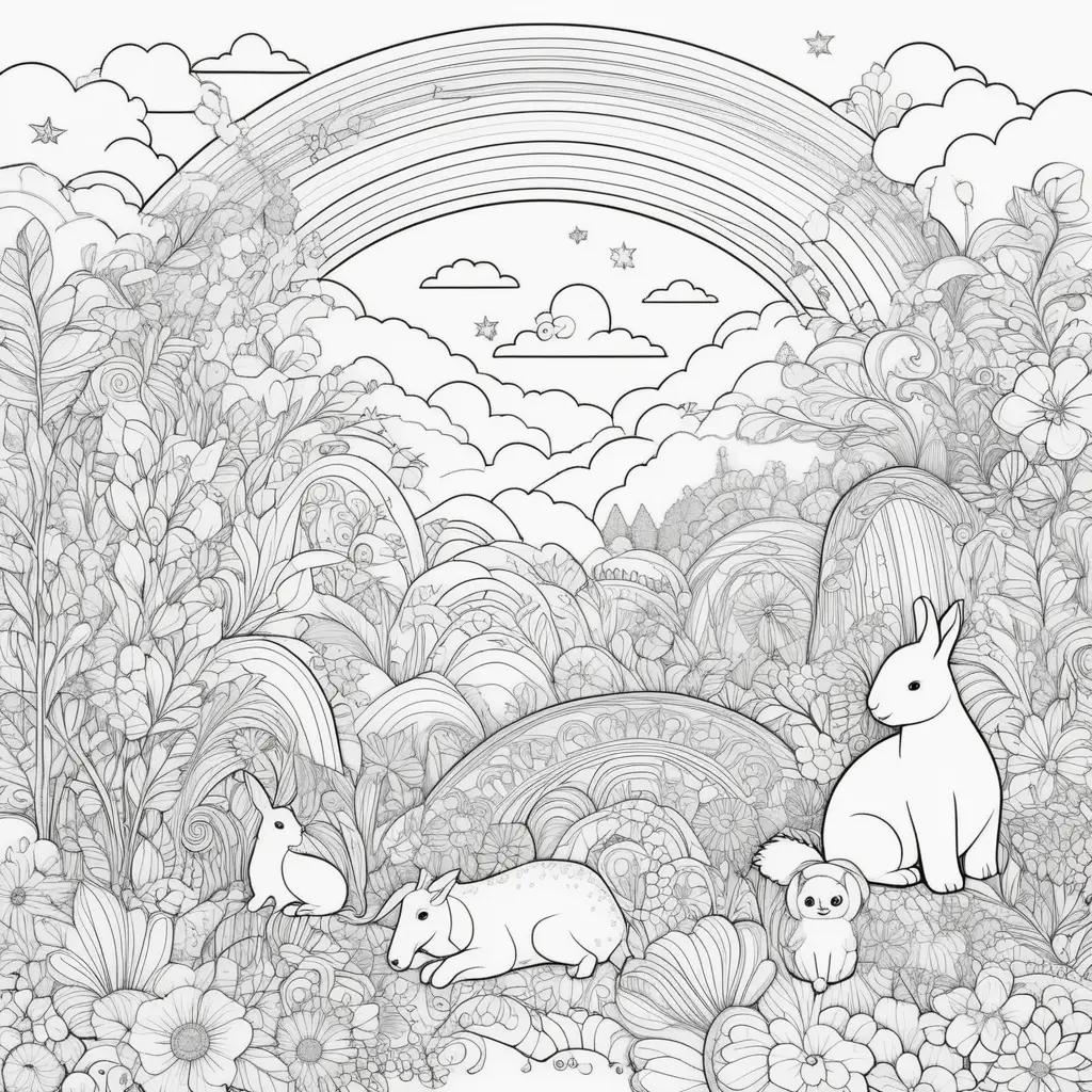 Dibujos de amigos arcoíris para colorear: animales adorables en un bosque