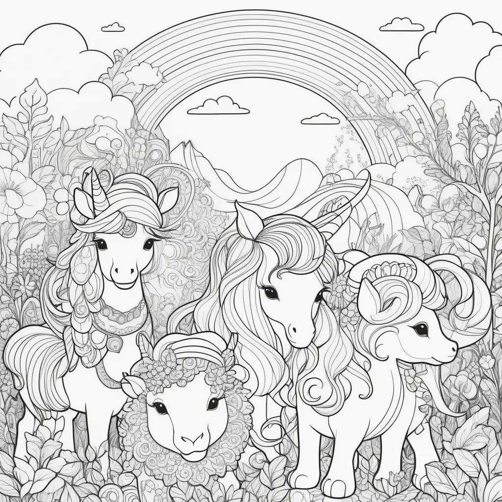 Dibujos de amigos arcoíris para colorear: unicornios, ovejas y corderos