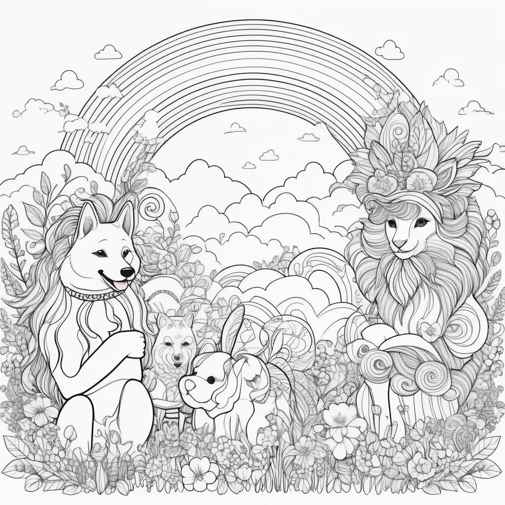 Dibujos de amigos arcoíris para colorear con perros y gatos