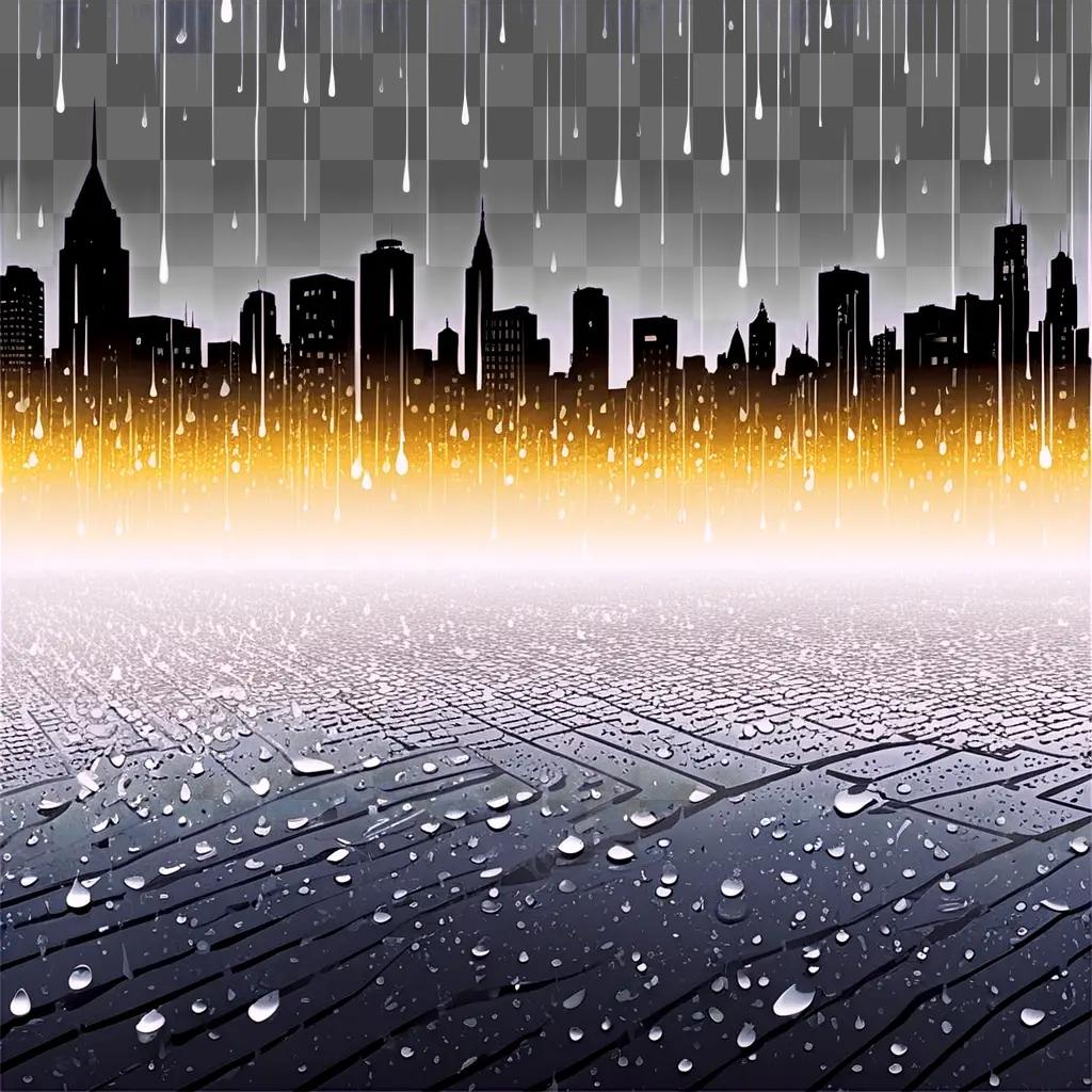 Raindrops fall on cityscape skyline