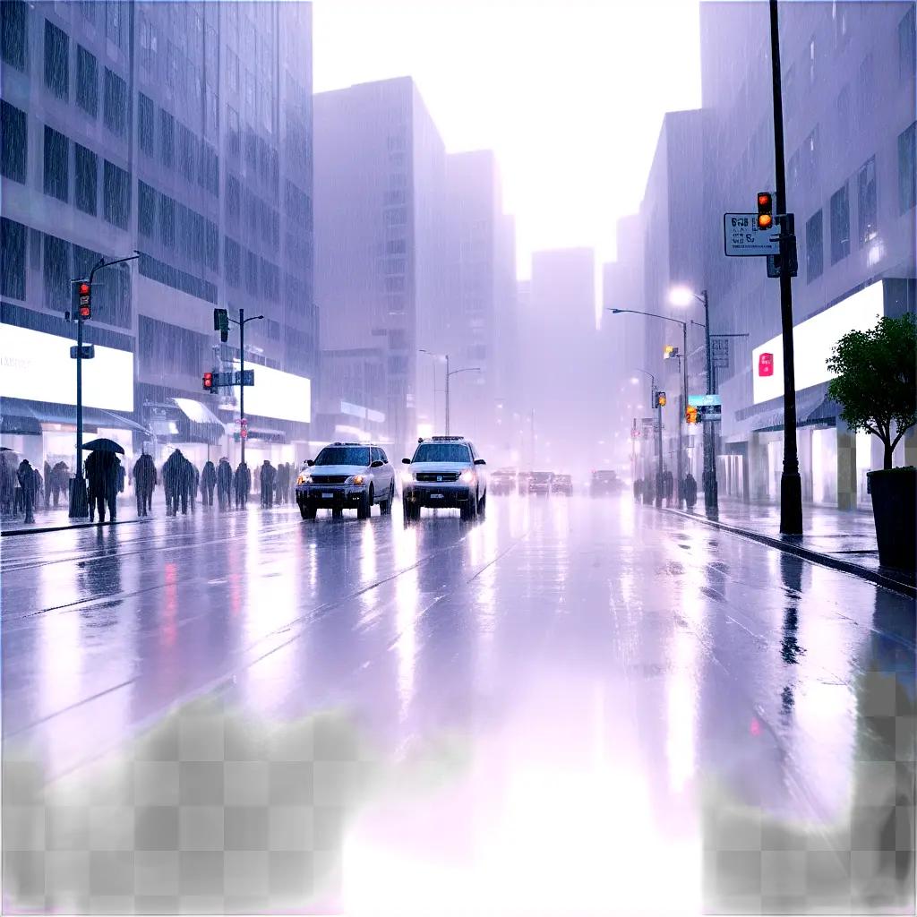 Rainy city street with cars and people