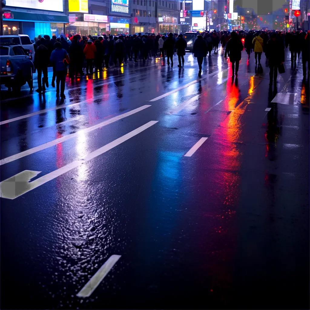 Rainy night on a busy roadway with many people