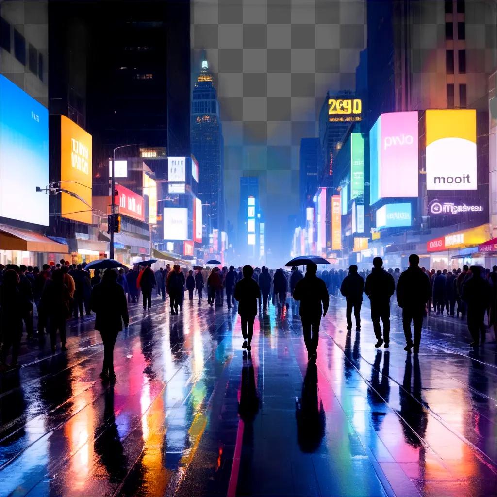 Rainy night scene in Times Square with people holding umbrellas