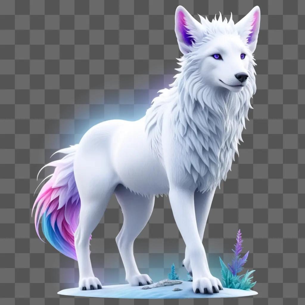 Rare white wolf with purple eyes and blue tail