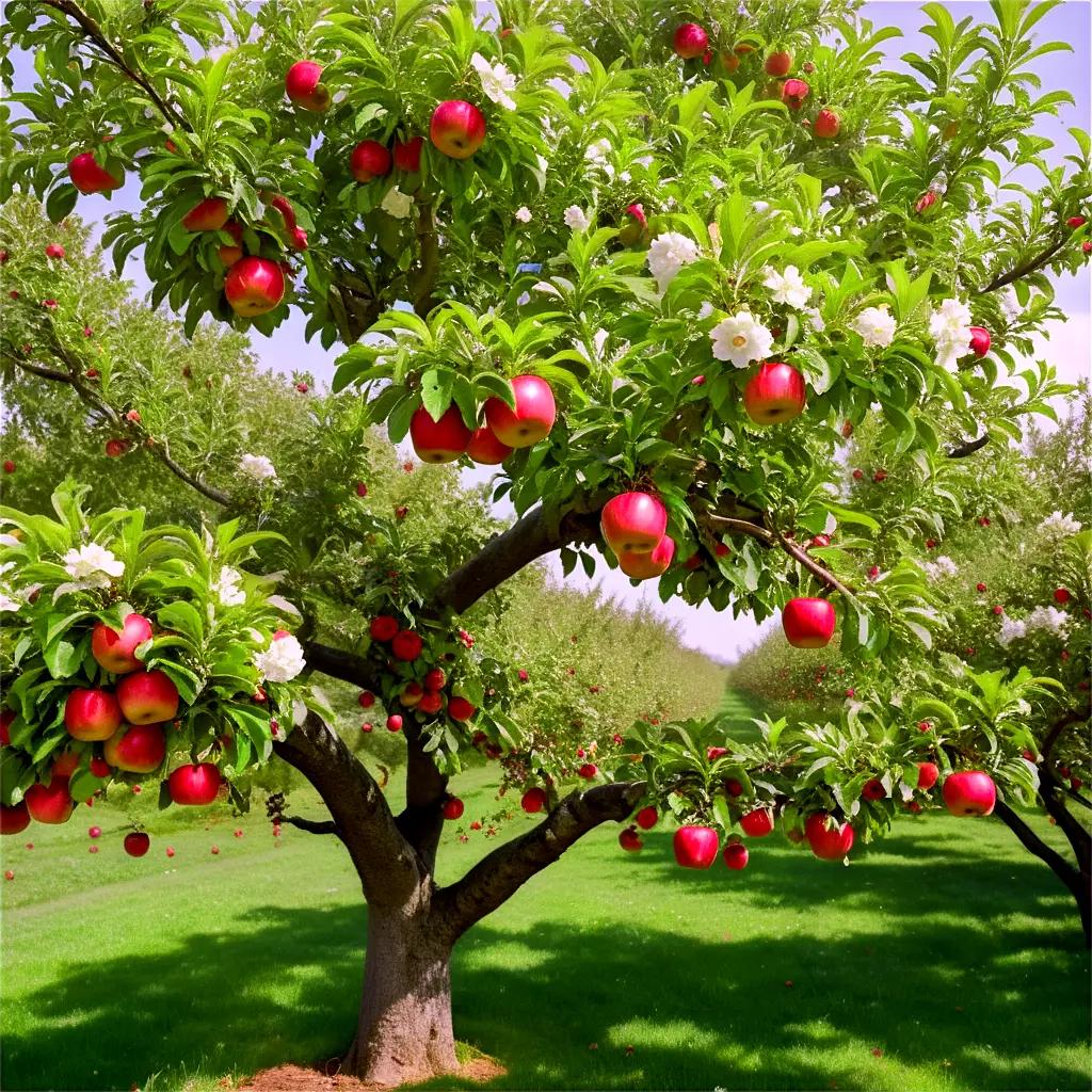 Real apple tree full of fruit and flowers