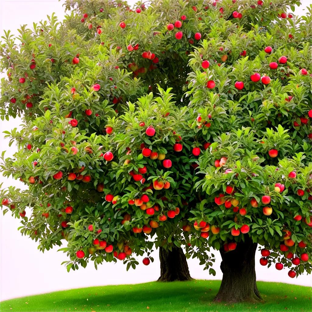 Real apple tree with red apples on green leaves