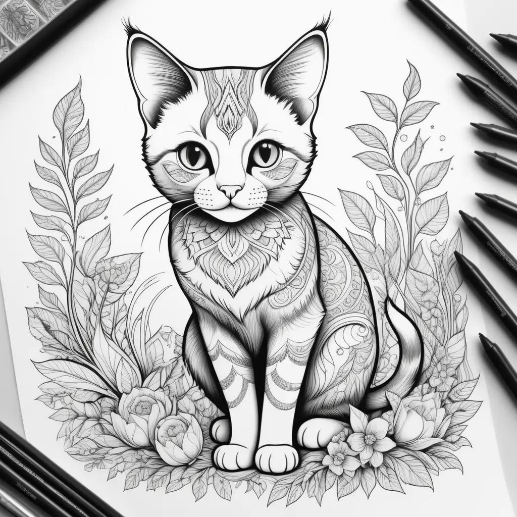 Realistic Cat Coloring Pages features a black and white illustration of a cute kitten