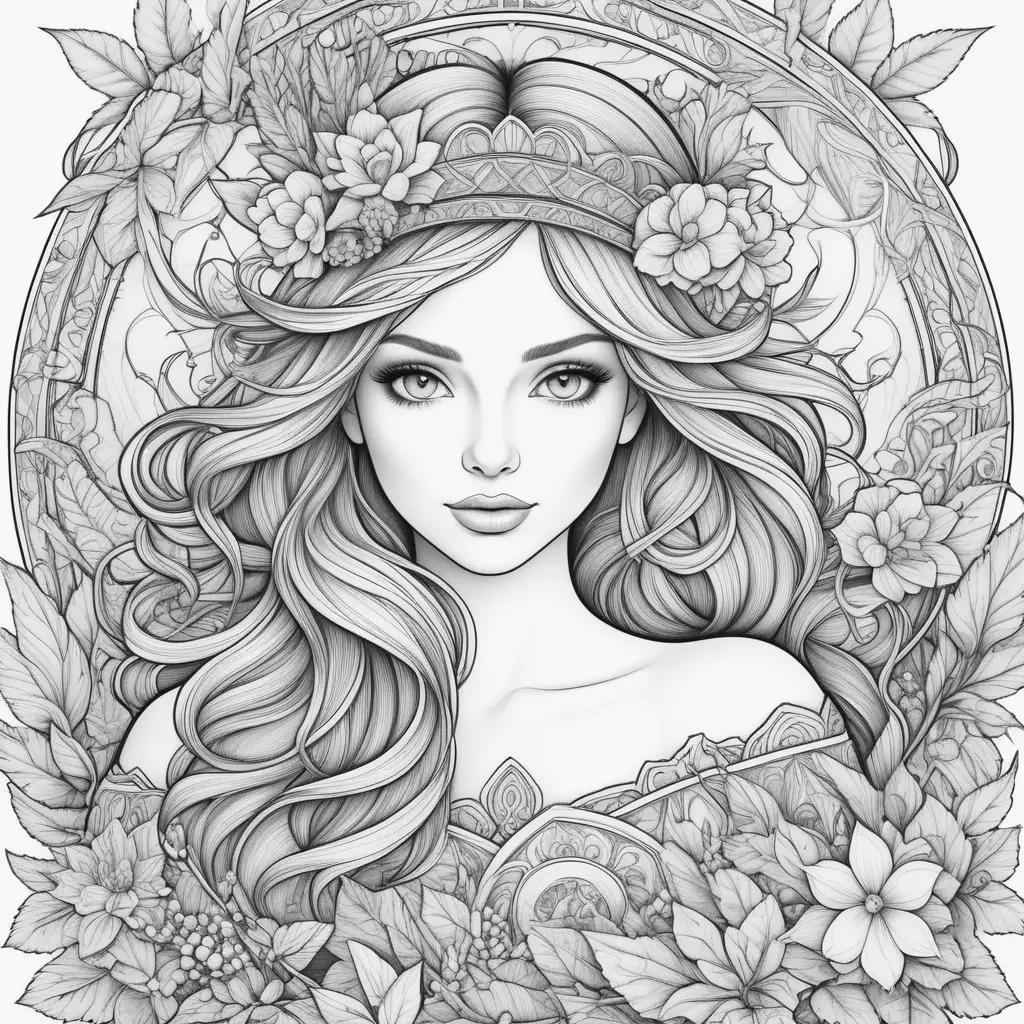 Realistic Coloring Pages for Adults: Beautiful Woman with Flowers and Crown