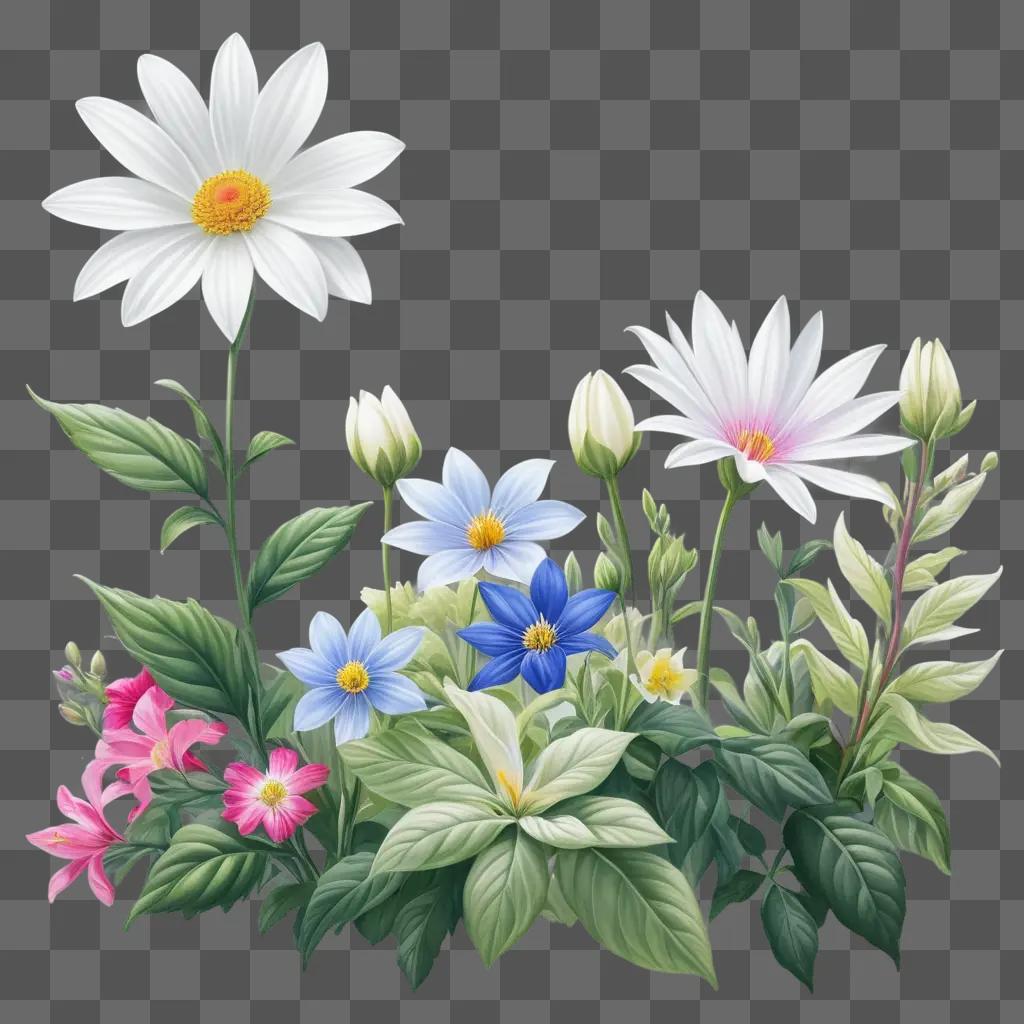 Realistic Flower Drawing of Pink and White Flowers