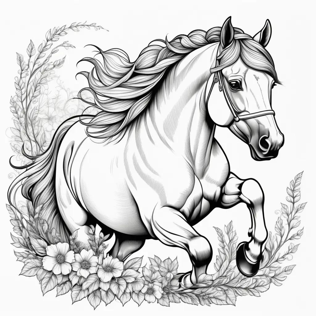 Realistic Horse Coloring Pages Showing a Running Horses with a Beautiful Flower Arrangement