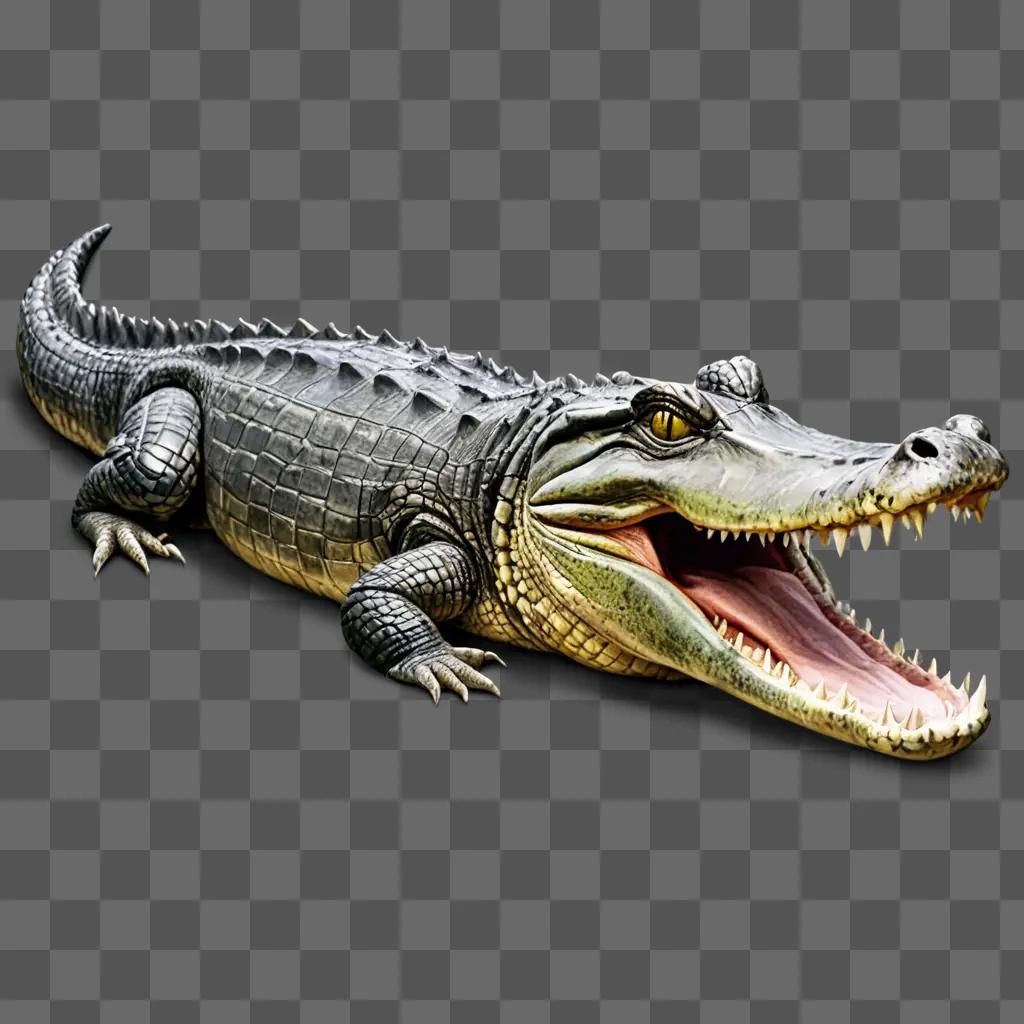 Realistic alligator drawing with open mouth on gray background