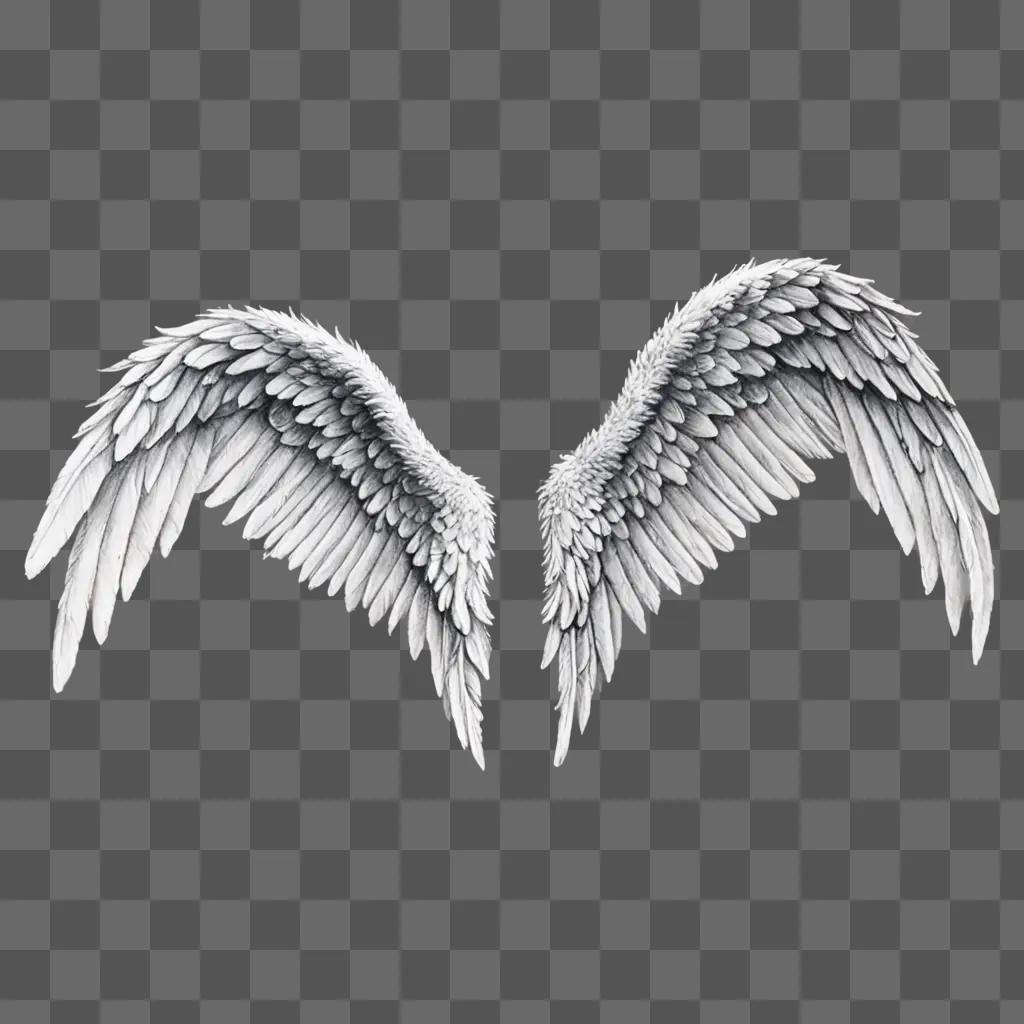 Realistic angel wings drawing of two wings against a grey background