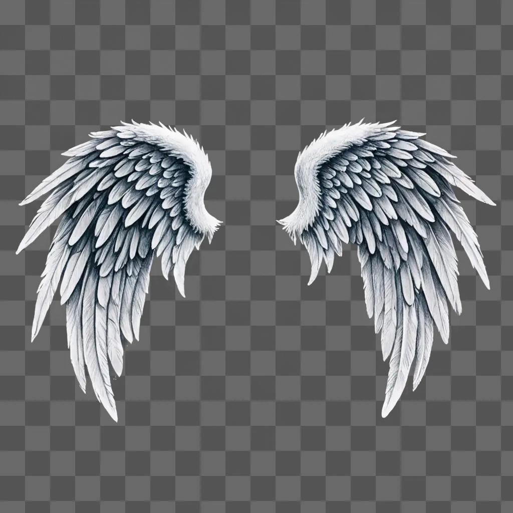 Realistic angel wings drawing on a gray background