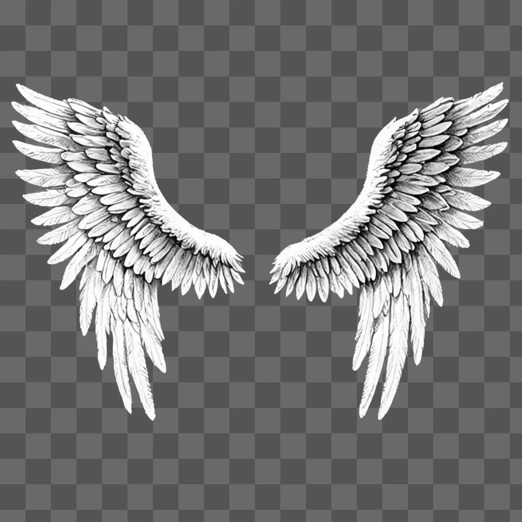 Realistic angel wings drawing on a gray background