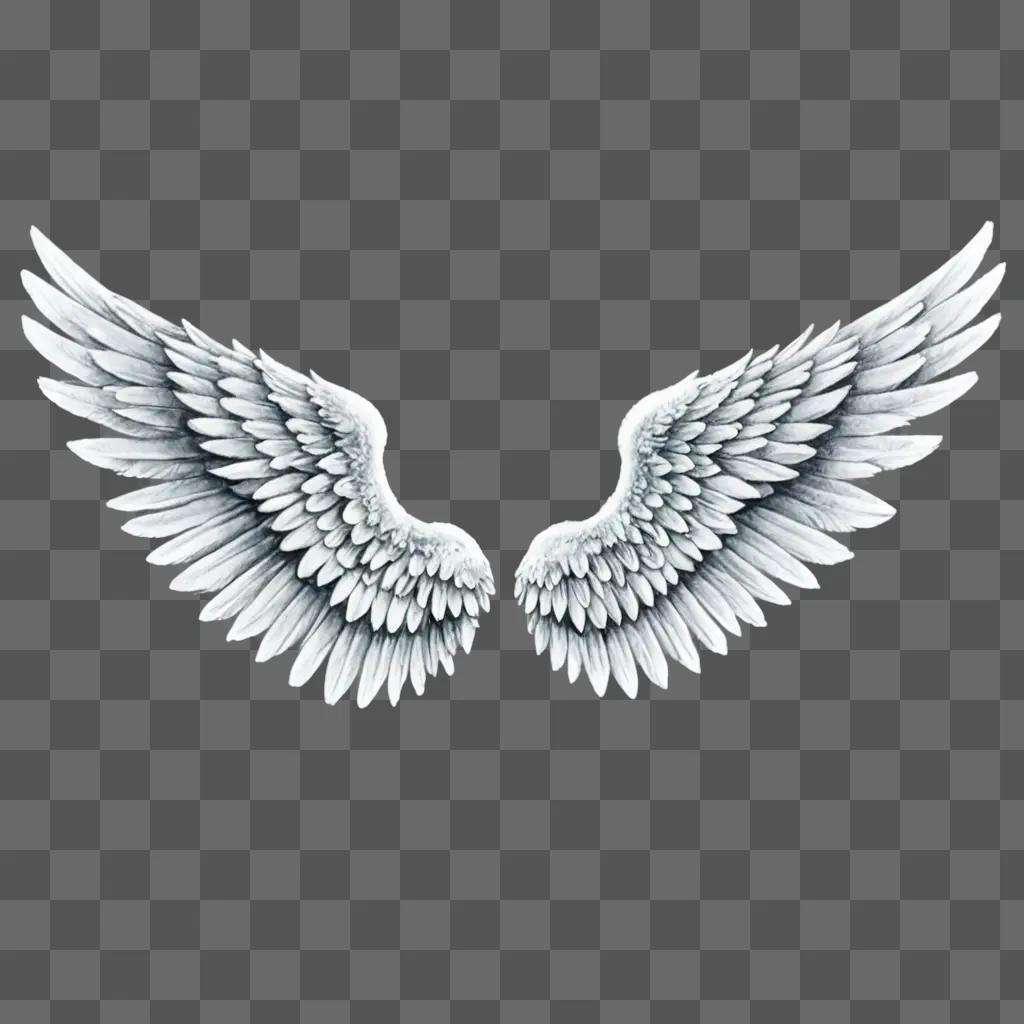 Realistic angel wings drawing on a grey background