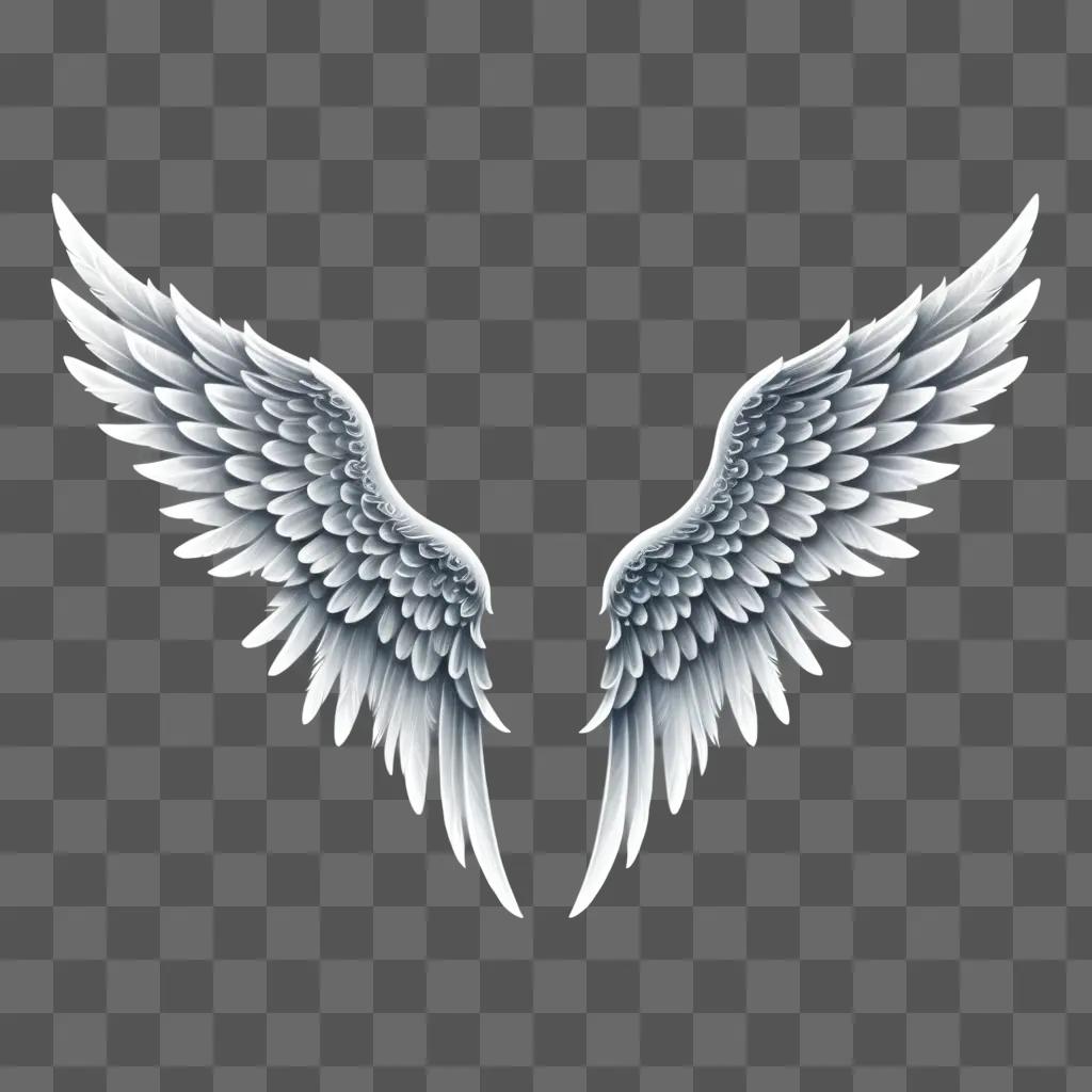 Realistic angel wings drawing on a grey background