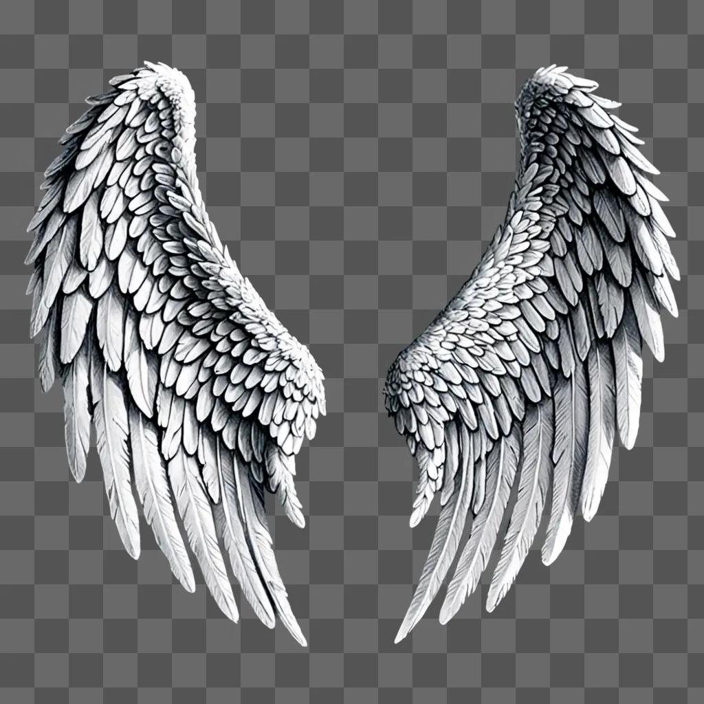 Realistic angel wings drawn in a grey background