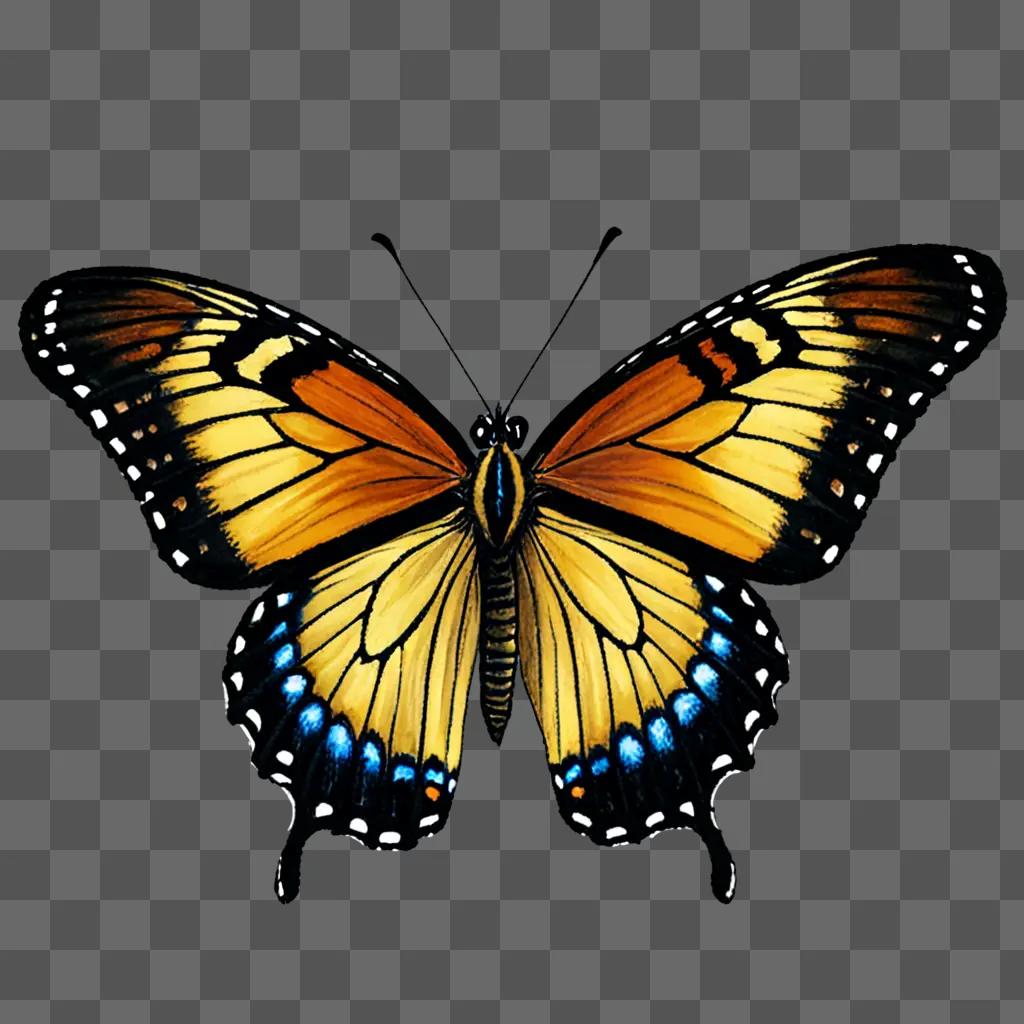 Realistic butterfly drawing in black and yellow colors