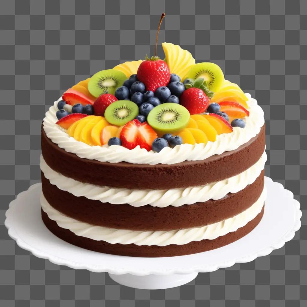 Realistic cake drawing of a chocolate and fruit cake