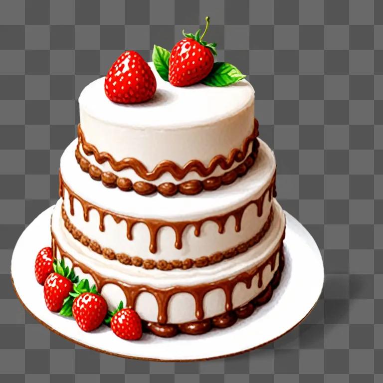 Realistic cake drawing with strawberries and icing